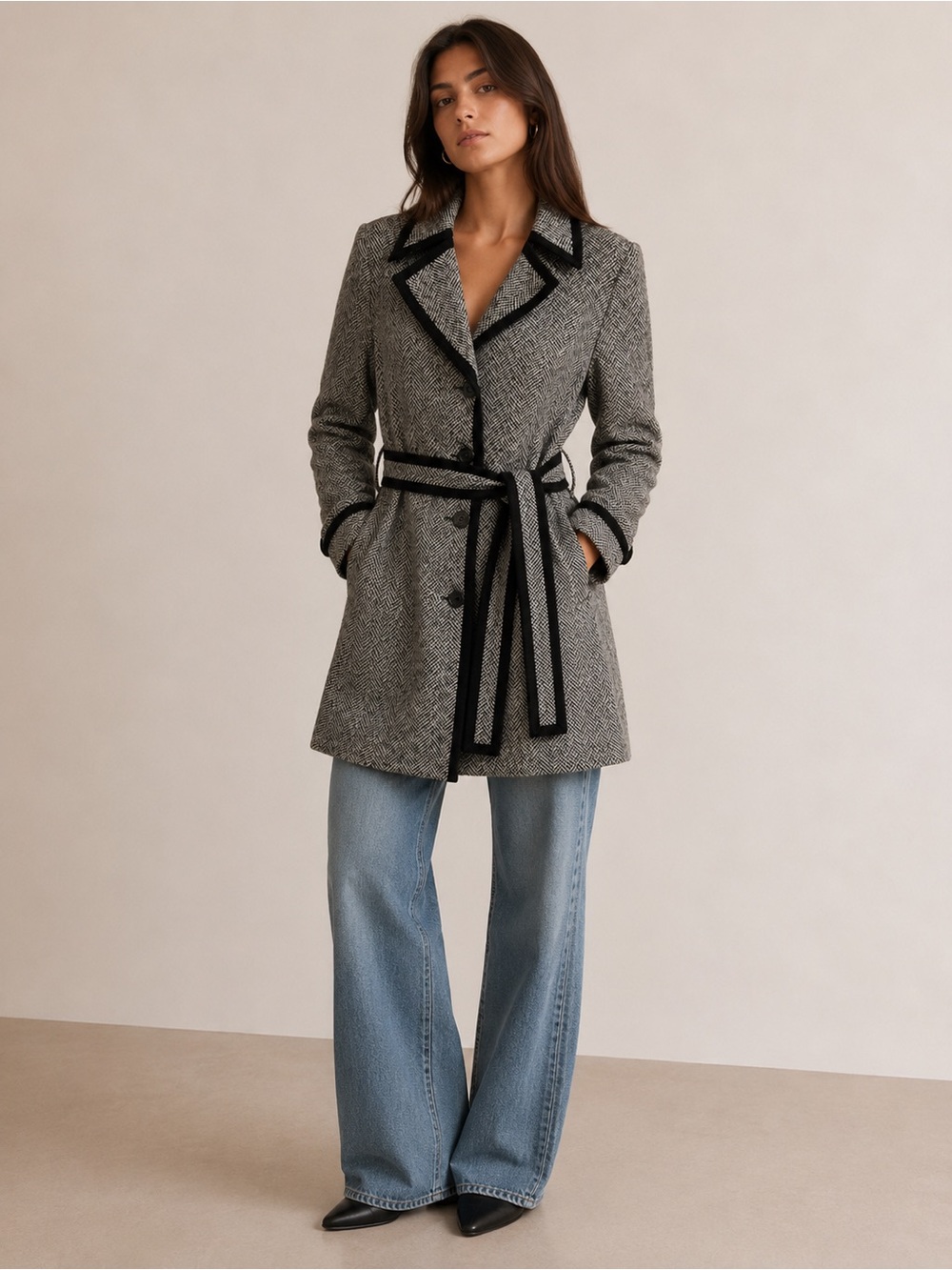 ECI New York Tailored Herringbone Belted Coat Black & Gray Wool Blend Coat Sz 8